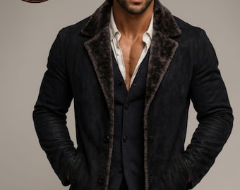 Abrigo de piel de oveja de ante negro carbón para hombre - Estilo informal de negocios