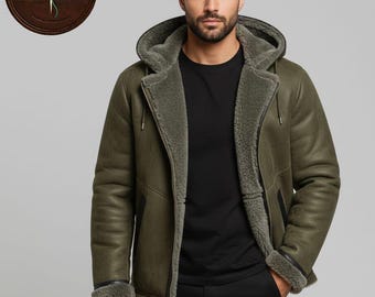 Herren Olivgrün Kapuzen Shearling Schaffell B3 Bomberjacke