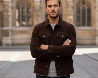 Jaqueta masculina de couro marrom – Jaqueta casual clássica com botões frontais