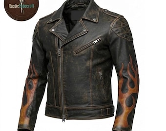 Jaqueta de motociclista vintage com estampa de chamas, casaco estilo motoqueiro com efeito desgastado, casaco gótico, vestuário retrô para motociclistas, moda punk urbana.