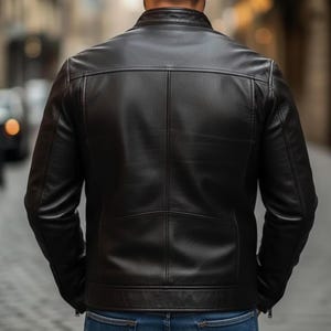 K&ouml;nnte beinhalten: Eine schwarze Lederjacke mit Stehkragen, langen &Auml;rmeln mit Rei&szlig;verschlussb&uuml;ndchen und einer horizontalen R&uuml;ckenpasse. Die Jacke verf&uuml;gt &uuml;ber eine mittige vertikale Naht auf dem R&uuml;ckenteil und wird mit einer blauen Jeans kombiniert.