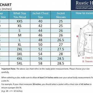 K&ouml;nnte beinhalten: Eine Gr&ouml;&szlig;entabelle f&uuml;r Jacken von Rustic Hidecraft mit dem Titel MEN SIZE CHART. Die Tabelle listet tats&auml;chliche Brustumf&auml;nge in Zoll von 36 bis 56, entsprechende Jackengr&ouml;&szlig;en von XXS bis 5XL sowie Brust- und &Auml;rmelma&szlig;e in Zoll auf.