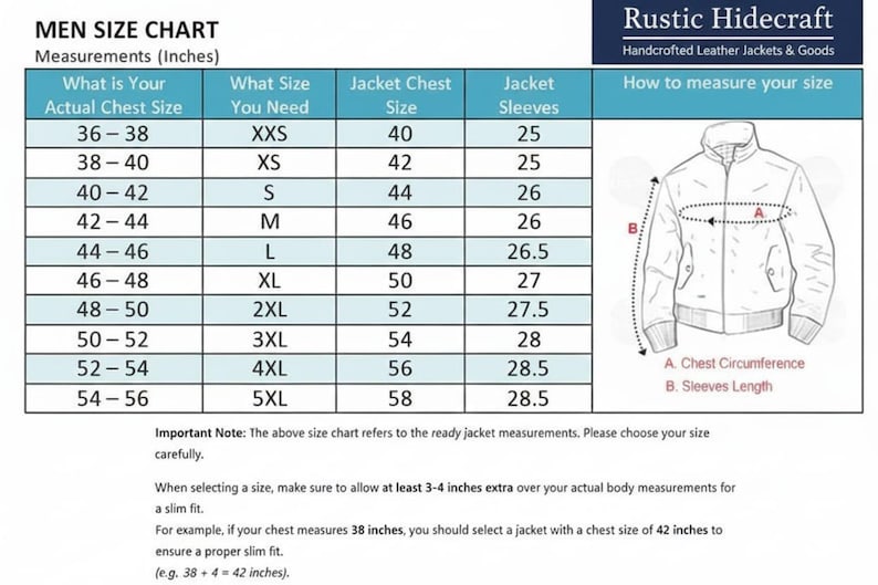 K&ouml;nnte beinhalten: Eine Gr&ouml;&szlig;entabelle f&uuml;r Jacken von Rustic Hidecraft mit dem Titel MEN SIZE CHART. Die Tabelle listet tats&auml;chliche Brustumf&auml;nge in Zoll von 36 bis 56, entsprechende Jackengr&ouml;&szlig;en von XXS bis 5XL sowie Brust- und &Auml;rmelma&szlig;e in Zoll auf.