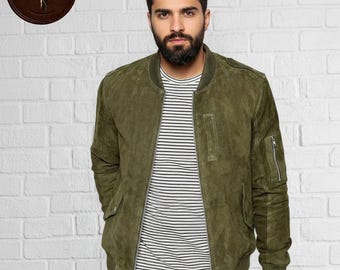 Giubbotto bomber in pelle scamosciata verde oliva da uomo / Giubbotto casual con cerniera in vera pelle scamosciata