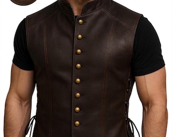 Colete masculino em couro legítimo - Colete gótico steampunk