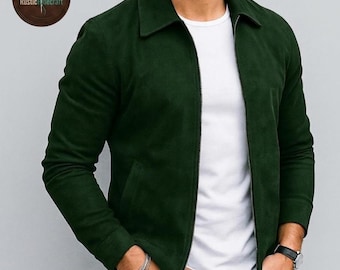 Jaqueta masculina de camurça verde, modelo minimalista com zíper, estilo casual urbano, peça moderna para sobreposição, casaco slim fit para o dia a dia.