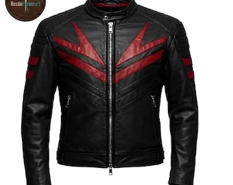 Jaqueta masculina preta e vermelha estilo motoqueiro, casaco de couro estilo café racer, vestuário para motociclismo, agasalho acolchoado estilo streetwear, roupa estilosa para motociclistas.