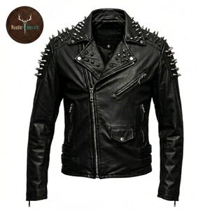 May include: Black leather jacket with silver-colored spikes on the shoulders and collar. The jacket has a classic asymmetrical zipper closure, multiple zippered pockets, and a small flap pocket. The jacket features a notched lapel and a fitted silhouette.