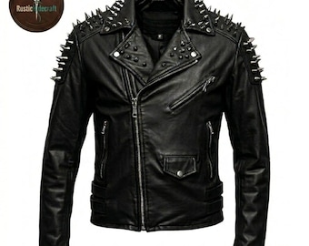 Männer Schwarz Spiked Lederjacke Punk Rock Nieten Biker Gothic Motorrad Streetwear Mantel Handgemacht