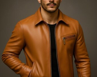 Tan leren bikerjack heren vintage casual slim-fit jas met rits