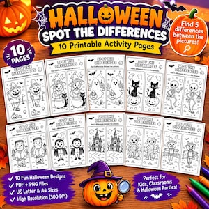 May include: A set of 10 printable Halloween spot the differences activity pages featuring black and white line art illustrations of ghosts, skeletons, vampires, and pumpkins with text reading Halloween Spot The Differences.