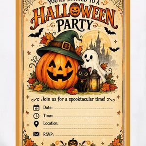 Puede incluir: Una invitación rectangular para una fiesta de Halloween con una calabaza con sombrero verde, un fantasma y un gato negro con un farol. El texto dice: You're invited to a Halloween party. Join us for a spooktacular time! Date, Time, Location, RSVP.