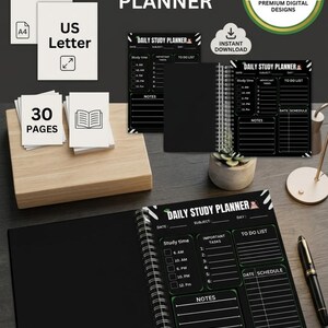 Peut inclure: Un planificateur d'études quotidien numérique avec un fond noir et des accents verts. La mise en page comprend des sections pour le temps d'étude, les tâches importantes, une liste de choses à faire, des notes et un calendrier. Reliure à spirale, formats A4 et US Letter.