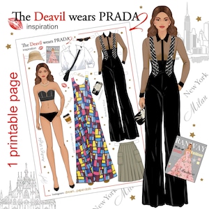 Może przedstawiać: Zestaw papierowych lalek do druku zatytułowany The Deavil wears PRADA inspiration, zawierający lalkę z brązowymi włosami, czarne bikini oraz różne stroje, w tym czarny kombinezon z cekinowymi szelkami, kolorową geometryczną sukienkę i spódnicę.