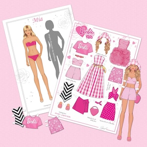 Può includere: Due fogli di bambole di carta a tema rosa. Un foglio presenta una bambola di nome Mia in un bikini rosa. L'altro foglio presenta abiti e accessori a tema Barbie, tra cui un vestito, una gonna e un top a quadretti. Le parole "Barbie style" sono visibili.