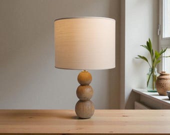 Lámpara de bola de madera apilada hecha a mano - Pantalla minimalista de lino escandinavo