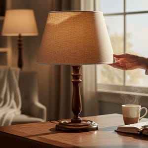 Handcrafted Wooden Table Lamp – Natural Walnut Finish Base with Linen Lampshade, Classic Home Decor