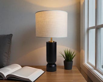 Lámpara de mesa de madera negra con pantalla de lino – Lámpara de noche hecha a mano