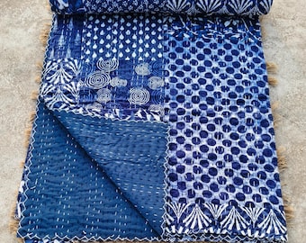 Edredón Kantha estampado, ropa de cama Kantha tamaño Queen, colcha vintage, manta estampada de patchwork.