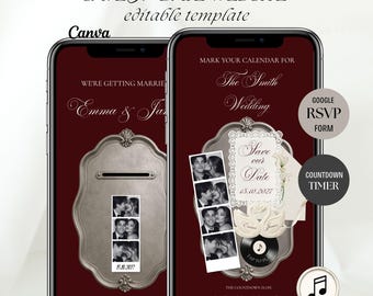 Op de afbeelding: Twee smartphones met een donkerrode "Save the Date" trouwwebsite-sjabloon. De schermen tonen een zilveren vintage lijst, een fotostrip van een koppel, een vinylplaat-icoon en tekst zoals "Save the Date" en "15.10.2027" in een elegant lettertype.