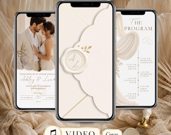 Op de afbeelding: Drie smartphones met trouwuitnodigingssjablonen in een neutraal crèmekleurig palet. De schermen tonen een koppel, een envelopontwerp met een waszegel met de initialen AL en een trouwprogramma. Een video-icoon en het Canva-logo zijn zichtbaar.