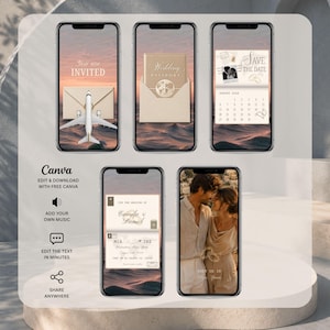 Editable Canva coastal Save the Date video displayed across five phone screens with champagne passport, wedding calendar and destination scenes.