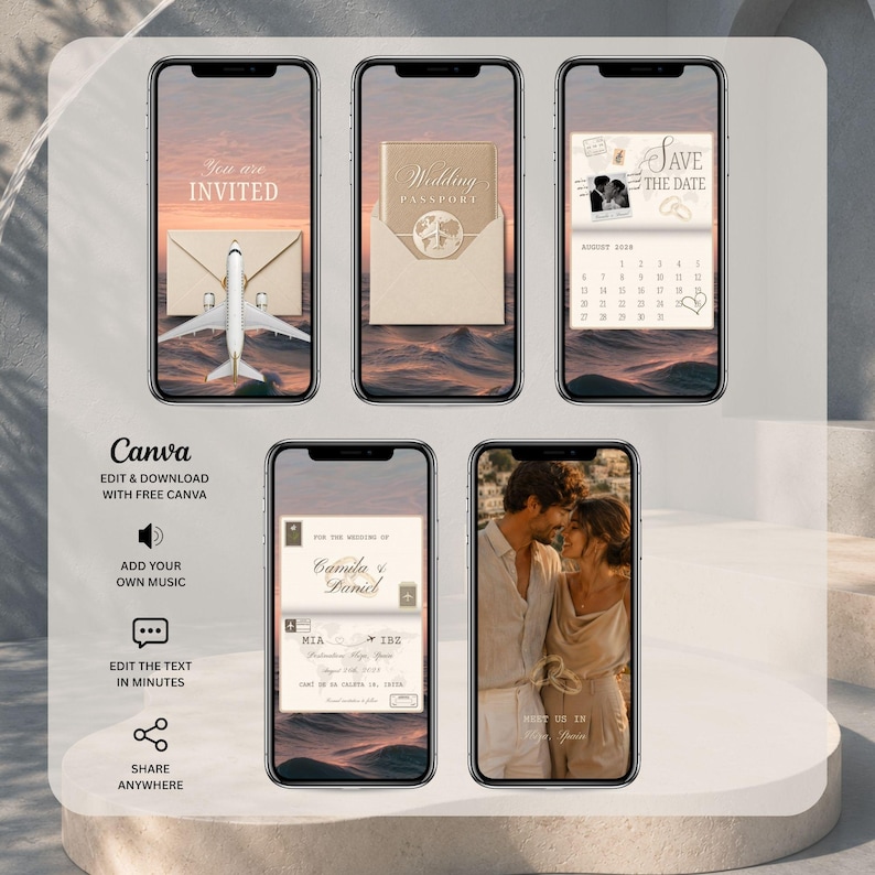 Editable Canva coastal Save the Date video displayed across five phone screens with champagne passport, wedding calendar and destination scenes.