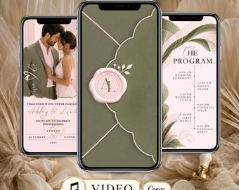 Op de afbeelding: Drie smartphones met digitale trouwuitnodigingssjablonen. Het linkerscherm toont een koppel, het middenscherm een saliegroene envelop met een roze waszegel met het monogram AL, en het rechterscherm toont een overzicht van het programma.