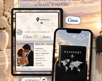 Op de afbeelding: Een digitale trouwvideo-uitnodiging als bewerkbare sjabloon met een paspoortontwerp, wereldkaart, vliegtuigicoon en de tekst Olivia & James. Het scherm toont een koppel, datum en locatiegegevens naast een zwarte paspoorthoes.