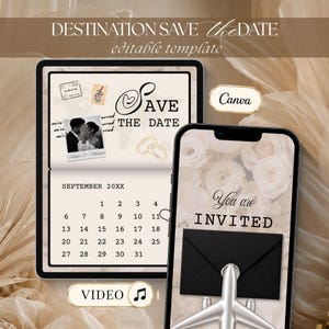 Könnte beinhalten: Ein digitales Tablet und ein Smartphone mit einer bearbeitbaren Vorlage für einen Save-the-Date-Termin. Das Tablet zeigt einen Kalender, Eheringe und ein Foto, während das Smartphone eine Einladung mit einem schwarzen Umschlag und Flugzeug zeigt.