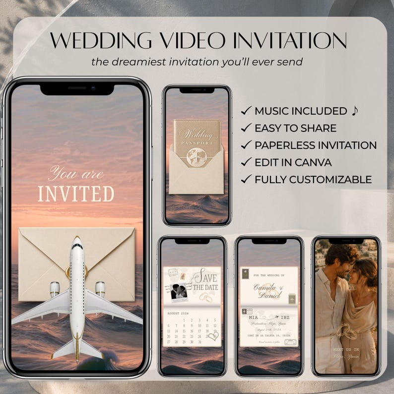 Destination wedding Save the Date video shown across multiple phone screens with envelope opening, champagne passport, calendar and couple photo scenes.