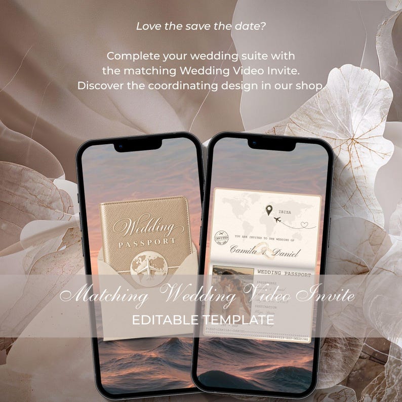 Matching champagne wedding passport video invitation displayed beside the coordinating coastal Save the Date video template.