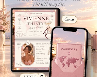 Peut inclure: Un modèle d'invitation d'anniversaire numérique affiché sur une tablette et un smartphone. Le design présente un thème de passeport avec le texte Vivienne is Turning Thirty, Birthday Passport et Napa Valley, California, dans des tons roses.