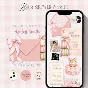 May include: A digital baby shower website template displayed on a smartphone screen, featuring a pink color palette with pumpkin illustrations, bows, and text including "Sweet Little Pumpkin for Ashley Smith," "Books for Baby," and "Click to View Registry."