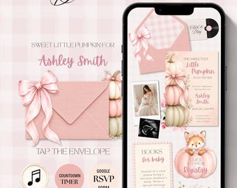 May include: A digital baby shower website template displayed on a smartphone screen, featuring a pink colour palette with pumpkin illustrations, bows, and text including "Sweet Little Pumpkin for Ashley Smith," "Books for Baby," and "Click to View Registry."
