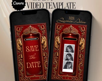 Op de afbeelding: Twee smartphones tonen een digitale Save the Date videosjabloon met een rood en goudkleurig sierlijk kader, voorzien van een kroon, paardenkoppen en rozen. De schermen tonen de tekst SAVE THE DATE, MIS QUINCE AÑOS en Valentina Rodriguez.