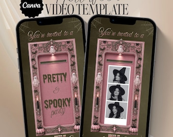 Op de afbeelding: Twee smartphones met een Halloween-videosjabloon met een roze sierlijk frame, spookdecoraties en kaarsen. Het linkerscherm toont "You're invited to a PRETTY & SPOOKY party HOSTED BY Ashley Smith." Het rechterscherm toont een fotostrip.
