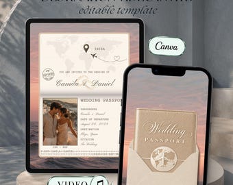 Op de afbeelding: Een digitale trouwvideo-uitnodiging voor een bestemming, weergegeven op een tablet en smartphone. Het ontwerp heeft een paspoortthema met een wereldkaart, vliegtuigicoon en de tekst Wedding Passport, Camila & Daniel en 26 augustus 2028.