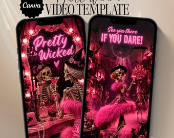 Op de afbeelding: Twee smartphones met een Halloween-videosjabloon. Het linkerscherm toont een skelet in een roze jurk en heksenhoed met de tekst Pretty Wicked. Het rechterscherm toont een skelet in een roze jurk met de tekst See you there IF YOU DARE!