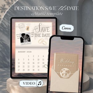 Coastal wedding passport Save the Date video template displayed on a tablet and phone with champagne passport design and sunset ocean background.