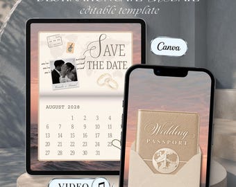 Video de invitación de boda costera con pasaporte, invitación de boda de destino con champán, invitación de viaje editable en Canva, tarjeta de embarque