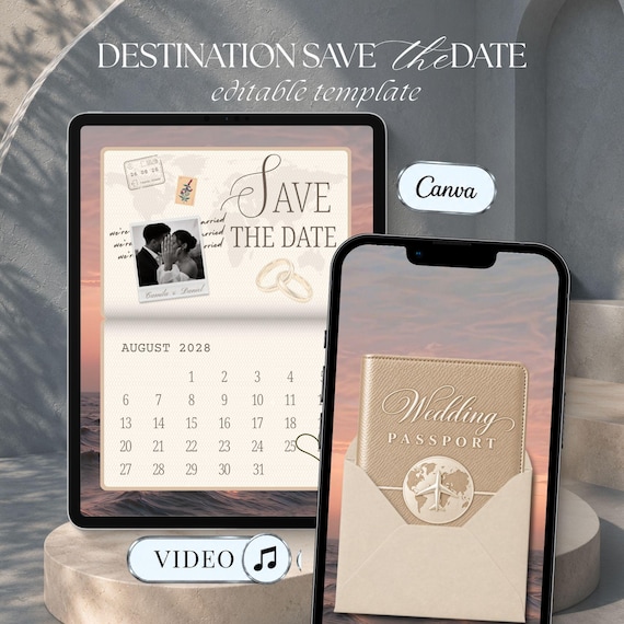 Coastal Wedding Passport Save the Date Video, Champagne Destination Wedding Invite, Editable Canva Travel Invitation, Boarding Pass
