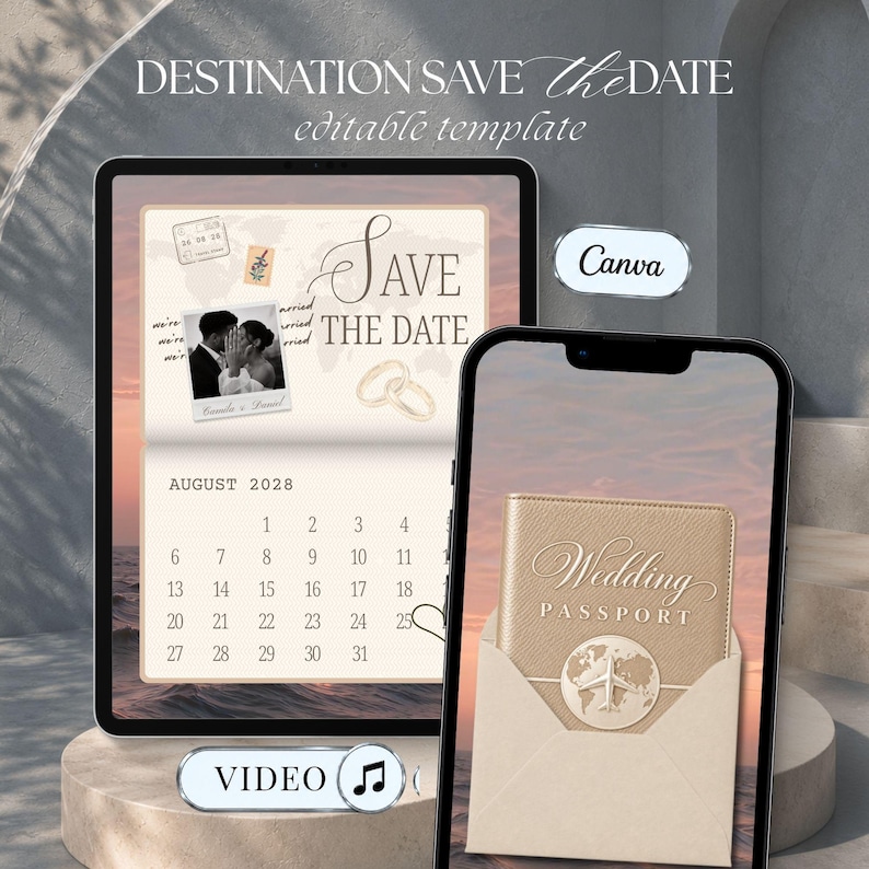 Coastal wedding passport Save the Date video template displayed on a tablet and phone with champagne passport design and sunset ocean background.