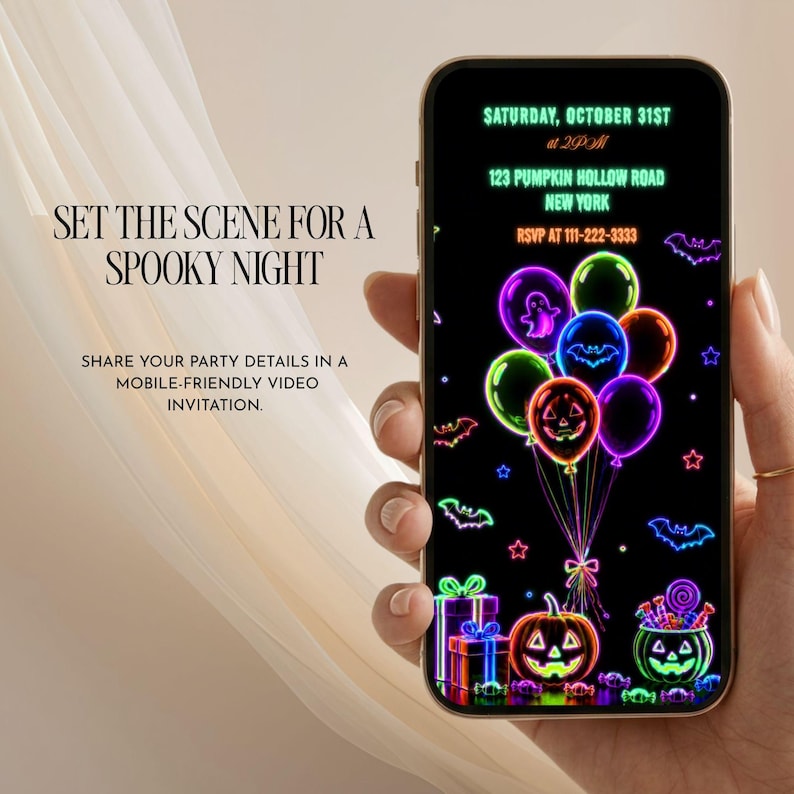 Glow in the dark skeleton party invitation with bright neon Halloween decorations and an animated kids birthday design.