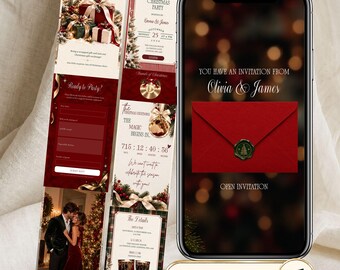 Op de afbeelding: Een smartphone toont een digitale kerstfeestuitnodiging met een rode envelop en waszegel, naast een verticale lay-out met evenementdetails, een afteltimer, een RSVP-formulier en een foto van een koppel bij een boom.