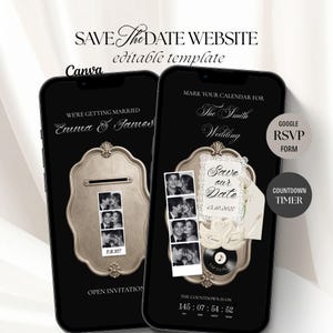 Könnte beinhalten: Zwei Smartphones mit einer schwarzen Hochzeits-Website-Vorlage. Die Bildschirme zeigen goldene, verzierte Rahmen, Fotostreifen eines Paares und Text, darunter "SAVE THE DATE WEBSITE", "Emma & James", "The Smith Wedding" und einen Countdown-Timer.