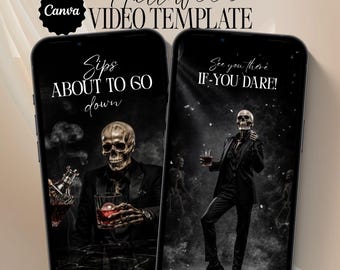Può includere: Due smartphone che mostrano un modello video di Halloween. Lo schermo sinistro mostra uno scheletro in abito nero che tiene un bicchiere con il testo Sips ABOUT TO GO down. Lo schermo destro mostra uno scheletro in abito con il testo See you there IF-YOU DARE!