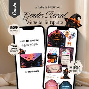 May include: Two smartphones displaying a gender reveal website template with Halloween themes. The screens feature black cats in witch hats, envelopes, a cauldron, pumpkins, and text including A BABY IS BREWING, Gender Reveal Website Template, RSVP INCLUDED, COUNT DOWN INCLUDED, MUSIC INCLUDED, YOU'VE GOT HAPPY MAIL, Ashley & Miles, TAP THE ENVELOPE, and HE OR SHE.