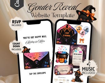 Op de afbeelding: Twee smartphones tonen een gender reveal website template met Halloween thema's. De schermen bevatten zwarte katten met heksenhoeden, enveloppen, een ketel, pompoenen en tekst waaronder A BABY IS BREWING, Gender Reveal Website Template, RSVP INCLUDED, COUNT DOWN INCLUDED, MUSIC INCLUDED, YOU'VE GOT HAPPY MAIL, Ashley & Miles, TAP THE ENVELOPE en HE OR SHE.