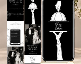 Op de afbeelding: Een digitale trouwuitnodiging op een smartphonescherm met een zwarte achtergrond, witte lijntekeningen van gehandschoende handen die een zilveren serveerklok vasthouden en de tekst Save The Date, Olivia & William, en trackable RSVP.